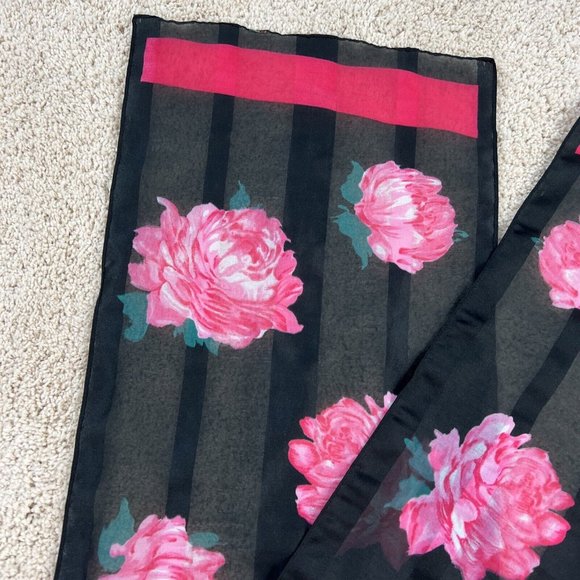 Sheer Scarf Black Pink 50" x 10.5"  Floral Roses - Picture 4 of 8